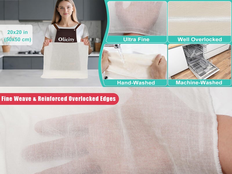 Olicity Cheese Cloths, 2PCS, Double-Layer, 20x20Inch, Reusable Grade 90 Cheese Cloth Bag for Straining, Hemmed Unbleached Cotton Precut Fine Mesh Muslin Cheesecloth for Juicing, Butter, Canning - Image 4